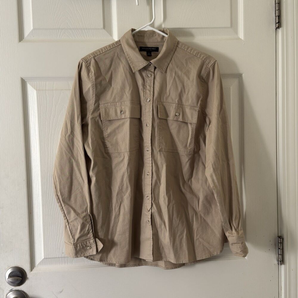 Banana Republic Khaki Beige Button Down Casual Dress Shirts 2 Front Pocket M